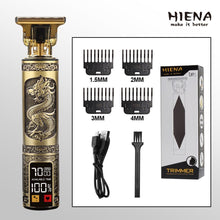 Заредете изображение във визуализатора на галерията – Hair clipper with display LED and replacable combs T9 (dragon motif) gold
