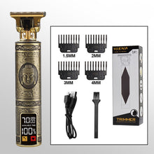 Заредете изображение във визуализатора на галерията – Hair clipper with display LED and replacable combs T9 (head motif) gold
