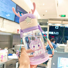 Заредете изображение във визуализатора на галерията – Water bottle with straw and leash for kids 500 - 600 ml purple
