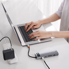 Заредете изображение във визуализатора на галерията – Baseus Metal Gleam 9in1 multifunctional HUB USB Type C - 3x USB 3.2 Gen 1 5Gbps / USB Type C PD 100W / VGA Full HD 60Hz / HDMI 4K 30Hz / czytnik kart TF i SD / RJ45 1Gbps gray (CAHUB-CU0G)
