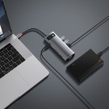 Заредете изображение във визуализатора на галерията – Baseus Metal Gleam 9in1 multifunctional HUB USB Type C - 3x USB 3.2 Gen 1 5Gbps / USB Type C PD 100W / VGA Full HD 60Hz / HDMI 4K 30Hz / czytnik kart TF i SD / RJ45 1Gbps gray (CAHUB-CU0G)
