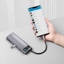 Заредете изображение във визуализатора на галерията – Baseus Metal Gleam 9in1 multifunctional HUB USB Type C - 3x USB 3.2 Gen 1 5Gbps / USB Type C PD 100W / VGA Full HD 60Hz / HDMI 4K 30Hz / czytnik kart TF i SD / RJ45 1Gbps gray (CAHUB-CU0G)
