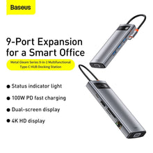 Заредете изображение във визуализатора на галерията – Baseus Metal Gleam 9in1 multifunctional HUB USB Type C - 3x USB 3.2 Gen 1 5Gbps / USB Type C PD 100W / VGA Full HD 60Hz / HDMI 4K 30Hz / czytnik kart TF i SD / RJ45 1Gbps gray (CAHUB-CU0G)

