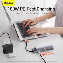 Заредете изображение във визуализатора на галерията – Baseus Metal Gleam 9in1 multifunctional HUB USB Type C - 3x USB 3.2 Gen 1 5Gbps / USB Type C PD 100W / VGA Full HD 60Hz / HDMI 4K 30Hz / czytnik kart TF i SD / RJ45 1Gbps gray (CAHUB-CU0G)
