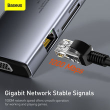 Заредете изображение във визуализатора на галерията – Baseus Metal Gleam 9in1 multifunctional HUB USB Type C - 3x USB 3.2 Gen 1 5Gbps / USB Type C PD 100W / VGA Full HD 60Hz / HDMI 4K 30Hz / czytnik kart TF i SD / RJ45 1Gbps gray (CAHUB-CU0G)
