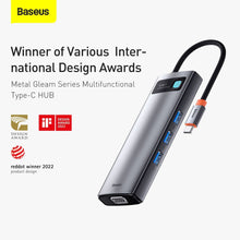 Заредете изображение във визуализатора на галерията – Baseus Metal Gleam 9in1 multifunctional HUB USB Type C - 3x USB 3.2 Gen 1 5Gbps / USB Type C PD 100W / VGA Full HD 60Hz / HDMI 4K 30Hz / czytnik kart TF i SD / RJ45 1Gbps gray (CAHUB-CU0G)
