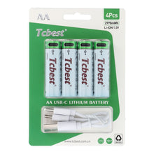 Заредете изображение във визуализатора на галерията – TCBEST rechargable battery R6 (AA) 750 mAh with socket Type C + cable USB A to 4 x Type C 4 pcs
