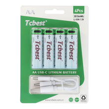 Заредете изображение във визуализатора на галерията – TCBEST rechargable battery R6 (AA) 950 mAh with socket Type C + cable USB A to 4 x Type C 4 pcs
