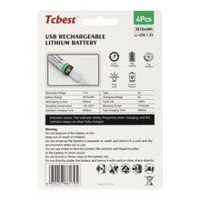 Заредете изображение във визуализатора на галерията – TCBEST rechargable battery R6 (AA) 950 mAh with socket Type C + cable USB A to 4 x Type C 4 pcs
