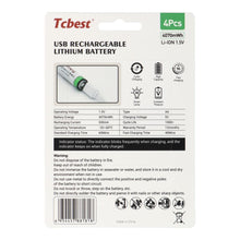 Заредете изображение във визуализатора на галерията – TCBEST rechargable battery R6 (AA) 1100 mAh with socket Type C + cable USB A to 4 x Type C 4 pcs

