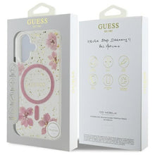 Заредете изображение във визуализатора на галерията – Оригинален гръб GUESS за IPHONE 16 compatible with MagSafe GUHMP16SRBFGFGMP (Resin Flowers and Glitter) розов
