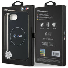 Заредете изображение във визуализатора на галерията – BMW case for IPHONE 16e (SE 4 2025) compatible with MagSafe BMHMPSE424HBMKH (IML Metal White Circle) black
