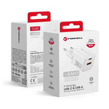 Заредете изображение във визуализатора на галерията – FORCELL F-ENERGY Mini GaN III VT-35 travel charger with 1 x Type C + 1x USB A sockets, PD QC4.0 30W white
