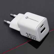 Заредете изображение във визуализатора на галерията – FORCELL F-ENERGY Mini GaN III VT-35C travel charger with 1 x Type C + 1x USB A sockets, PD QC4.0 35W white

