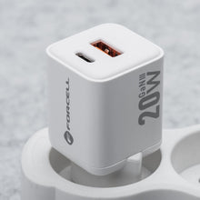 Заредете изображение във визуализатора на галерията – FORCELL F-ENERGY Mini GaN III VT-35A travel charger with 1 x Type C + 1x USB A sockets, PD QC4.0 20W white
