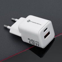 Заредете изображение във визуализатора на галерията – FORCELL F-ENERGY Mini GaN III VT-35A travel charger with 1 x Type C + 1x USB A sockets, PD QC4.0 20W white
