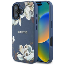 Заредете изображение във визуализатора на галерията – Оригинален гръб GUESS за IPHONE 16 compatible with MagSafe GUHMP16SPGNMPLMB (PU Grained Flowers Classic Logo) син

