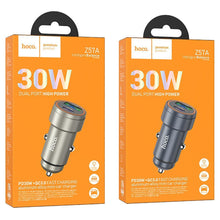 Заредете изображение във визуализатора на галерията – HOCO car charger USB A + Type C PD QC3.0 3A 30W Z57A metal gray
