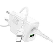 Заредете изображение във визуализатора на галерията – Phone charger Hoco USB A + USB C QC3.0 PD AFC 3A 30W + Кабел USB C към USB C N71 бял
