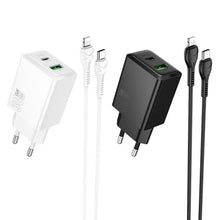 Заредете изображение във визуализатора на галерията – Phone charger Hoco USB A + USB C QC3.0 PD AFC 3A 30W + Кабел USB C към USB C N71 бял
