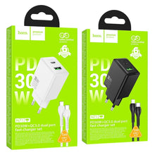 Заредете изображение във визуализатора на галерията – Phone charger Hoco USB A + USB C QC3.0 PD AFC 3A 30W + Кабел USB C към USB C N71 бял
