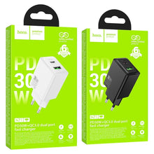 Заредете изображение във визуализатора на галерията – HOCO wall charger USB A + Type C PD QC3.0 AFC 3A 30W N71 black
