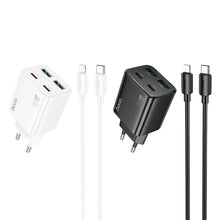 Заредете изображение във визуализатора на галерията – HOCO charger 2 x Type C + 2 x USB A + cable Type C to Lightning PD QC3.0 3A 20W N55 white
