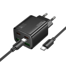 Заредете изображение във визуализатора на галерията – HOCO wall charger USB A + Type C + cable Type C to Lightning PD QC3.0 3A 20W N52 black
