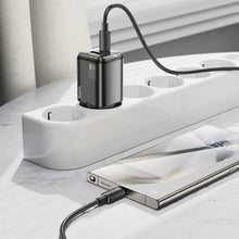 Заредете изображение във визуализатора на галерията – HOCO wall charger USB A + Type C + cable Type C to Type C PD QC3.0 3A 20W N34 transparnent
