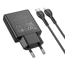 Заредете изображение във визуализатора на галерията – HOCO slim wall charger Type C + cable Type C to Lightning PD QC 30W N37 black
