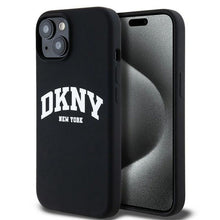 Заредете изображение във визуализатора на галерията – DKNY case for IPHONE 15 compatible with MagSafe DKHMP15SSNYACH (DKNY HC MagSafe Silicone W/White Arch Logo) black
