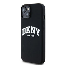 Заредете изображение във визуализатора на галерията – DKNY case for IPHONE 15 compatible with MagSafe DKHMP15SSNYACH (DKNY HC MagSafe Silicone W/White Arch Logo) black
