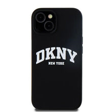 Заредете изображение във визуализатора на галерията – DKNY case for IPHONE 15 compatible with MagSafe DKHMP15SSNYACH (DKNY HC MagSafe Silicone W/White Arch Logo) black
