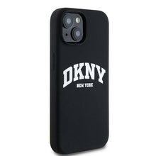 Заредете изображение във визуализатора на галерията – DKNY case for IPHONE 15 compatible with MagSafe DKHMP15SSNYACH (DKNY HC MagSafe Silicone W/White Arch Logo) black
