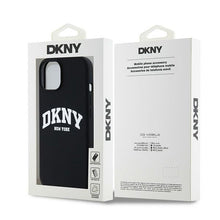 Заредете изображение във визуализатора на галерията – DKNY case for IPHONE 15 compatible with MagSafe DKHMP15SSNYACH (DKNY HC MagSafe Silicone W/White Arch Logo) black
