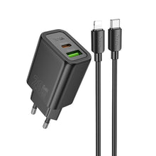 Заредете изображение във визуализатора на галерията – HOCO wall charger USB A + Type C + cable Type C to Lightning PD QC3.0 3A 20W N61 black
