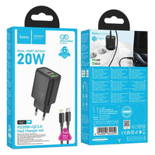 Заредете изображение във визуализатора на галерията – HOCO wall charger USB A + Type C + cable Type C to Lightning PD QC3.0 3A 20W N61 black
