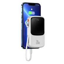 Заредете изображение във визуализатора на галерията – Baseus Qpow Power Bank 10000mAh Built-in Lightning 20W Quick Charge Cable SCP AFC FCP White (PPQD020002)
