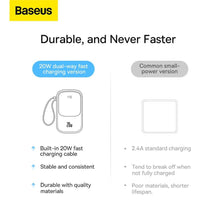 Заредете изображение във визуализатора на галерията – Baseus Qpow Power Bank 10000mAh Built-in Lightning 20W Quick Charge Cable SCP AFC FCP White (PPQD020002)
