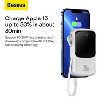 Заредете изображение във визуализатора на галерията – Baseus Qpow Power Bank 10000mAh Built-in Lightning 20W Quick Charge Cable SCP AFC FCP White (PPQD020002)
