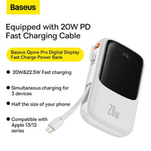 Заредете изображение във визуализатора на галерията – Baseus Qpow Power Bank 10000mAh Built-in Lightning 20W Quick Charge Cable SCP AFC FCP White (PPQD020002)
