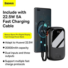 Заредете изображение във визуализатора на галерията – Baseus Qpow Digital Display powerbank with fast charging 20000mAh 22.5W QC/PD/SCP/FCP with built-in USB-C cable black

