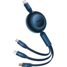 Заредете изображение във визуализатора на галерията – Baseus Bright Mirror 2 retractable cable 3in1 USB Type C - micro USB + Lightning + USB Type C 3.5A 1.1m blue (CAMJ010203)
