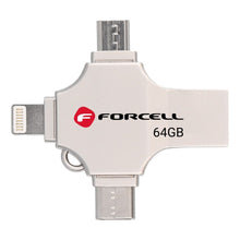 Заредете изображение във визуализатора на галерията – FORCELL F-DATA pendrive Metal Quad 64GB USB3.2 Gen 1 (USB A / Type C / Lightning / Micro USB) silver
