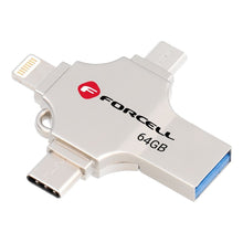 Заредете изображение във визуализатора на галерията – FORCELL F-DATA pendrive Metal Quad 64GB USB3.2 Gen 1 (USB A / Type C / Lightning / Micro USB) silver
