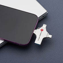 Заредете изображение във визуализатора на галерията – FORCELL F-DATA pendrive Metal Quad 64GB USB3.2 Gen 1 (USB A / Type C / Lightning / Micro USB) silver
