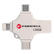 Заредете изображение във визуализатора на галерията – FORCELL F-DATA pendrive Metal Quad 128GB USB3.2 Gen 1 (USB A / Type C / Lightning / Micro USB) silver
