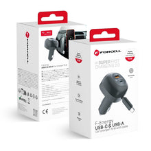 Заредете изображение във визуализатора на галерията – FORCELL F-ENERGY Alu car charger with retractable cable Type C and Type C + USB A sockets PD QC4.0 SFC2.0 3A 75W black
