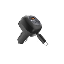 Заредете изображение във визуализатора на галерията – FORCELL F-ENERGY Alu car charger with retractable cable Type C and Type C + USB A sockets PD QC4.0 SFC2.0 3A 75W black
