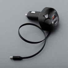 Заредете изображение във визуализатора на галерията – FORCELL F-ENERGY Alu car charger with retractable cable Type C and Type C + USB A sockets PD QC4.0 SFC2.0 3A 75W black

